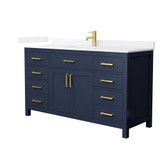 Wyndham Beckett 60 Inch Single Bathroom Vanity in Dark Blue, White Quartz Countertop, Undermount Square Sink (1-Hole), Brushed Gold Trim - WCG242460SBLWQUNSMXX