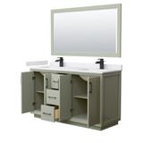 Wyndham Strada 60 Inch Double Bathroom Vanity in Light Green, White Cultured Marble Countertop, Undermount Square Sinks, Matte Black Trim, 58 Inch Mirror - WCF414160DLBWCUNSM58