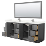 Wyndham Strada 84 Inch Double Bathroom Vanity in Dark Gray, Giotto Quartz Countertop, Undermount Square Sink (1-Hole), Brushed Nickel Trim, 70 Inch Mirror - WCF414184DKGGTUNSM70
