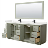 Wyndham Strada 84 Inch Double Bathroom Vanity in Light Green, White Quartz Countertop, Undermount Square Sinks (1-Hole), Matte Black Trim, 70 Inch Mirror - WCF414184DLBWQUNSM70