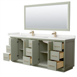 Wyndham Strada 84 Inch Double Bathroom Vanity in Light Green, White Quartz Countertop, Undermount Square Sinks (1-Hole), Satin Bronze Trim, 70 Inch Mirror - WCF414184DLZWQUNSM70