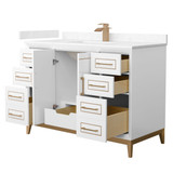 Wyndham Marlena 48 Inch Single Bathroom Vanity in White, Carrara Cultured Marble Countertop, Undermount Square Sink, Satin Bronze Trim - WCH515148SWZC2UNSMXX