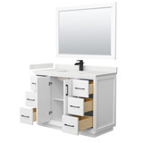 Wyndham Strada 48 Inch Single Bathroom Vanity in White, White Quartz Countertop, Undermount Square Sink (1-Hole), Matte Black Trim, 46 Inch Mirror - WCF414148SWBWQUNSM46
