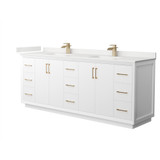 Wyndham Strada 84 Inch Double Bathroom Vanity in White, White Quartz Countertop, Undermount Square Sink (1-Hole), Satin Bronze Trim - WCF414184DWZWQUNSMXX