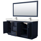 Wyndham Icon 72 Inch Double Bathroom Vanity in Dark Blue, White Quartz Countertop, Undermount Square Sinks (1-Hole), Brushed Nickel Trim, 70 Inch Mirror - WCF111172DBNWQUNSM70