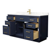 Wyndham Beckett 60 Inch Single Bathroom Vanity with Toe Kick in Dark Blue, Carrara Cultured Marble Countertop, Undermount Square Sink, Brushed Gold Trim - WCG262660SBLCCUNSMXX