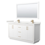 Wyndham Icon 66 Inch Double Bathroom Vanity in White, White Quartz Countertop, Undermount Square Sinks (1-Hole), Satin Bronze Trim, 58 Inch Mirror - WCF111166DWZWQUNSM58