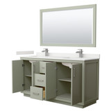 Wyndham Icon 66 Inch Double Bathroom Vanity in Light Green, White Quartz Countertop, Undermount Square Sinks (1-Hole), Brushed Nickel Trim, 58 Inch Mirror - WCF111166DLGWQUNSM58