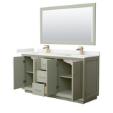 Wyndham Strada 66 Inch Double Bathroom Vanity in Light Green, White Quartz Countertop, Undermount Square Sinks (1-Hole), Satin Bronze Trim, 58 Inch Mirror - WCF414166DLZWQUNSM58
