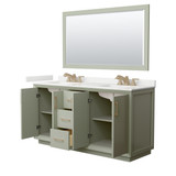 Wyndham Strada 66 Inch Double Bathroom Vanity in Light Green, White Quartz Countertop, Undermount Square Sinks (3-Hole), Satin Bronze Trim, 58 Inch Mirror - WCF414166DLZWQUS3M58