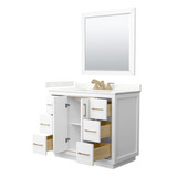 Wyndham Icon 42 Inch Single Bathroom Vanity in White, Giotto Quartz Countertop, Undermount Square Sink (3-Hole), Satin Bronze Trim, 34 Inch Mirror - WCF111142SWZGTUS3M34