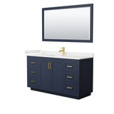 Wyndham Miranda 60 Inch Single Bathroom Vanity in Dark Blue, White Quartz Countertop, Undermount Square Sink (1-Hole), Brushed Gold Trim, 58 Inch Mirror - WCF292960SBLWQUNSM58