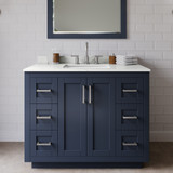 Wyndham Miranda 42 Inch Single Bathroom Vanity in Dark Blue, Giotto Quartz Countertop, Undermount Square Sink (3-Hole), Brushed Nickel Trim, 34 Inch Mirror - WCF292942SBNGTUS3M34