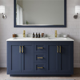 Wyndham Miranda 60 Inch Double Bathroom Vanity in Dark Blue, Giotto Quartz Countertop, Undermount Square Sinks (1-Hole), Brushed Gold Trim, 58 Inch Mirror - WCF292960DBLGTUNSM58