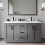 Wyndham Miranda 60 Inch Double Bathroom Vanity in Dark Gray, White Quartz Countertop, Undermount Square Sinks (1-Hole), Matte Black Trim, 58 Inch Mirror - WCF292960DGBWQUNSM58