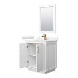 Wyndham Icon 30 Inch Single Bathroom Vanity in White, White Quartz Countertop, Undermount Square Sink (1-Hole), Satin Bronze Trim, 24 Inch Mirror - WCF111130SWZWQUNSM24