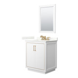 Wyndham Icon 30 Inch Single Bathroom Vanity in White, Giotto Quartz Countertop, Undermount Square Sink (3-Hole), Satin Bronze Trim, 24 Inch Mirror - WCF111130SWZGTUS3M24