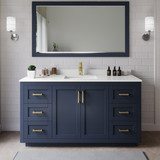 Wyndham Miranda 66 Inch Single Bathroom Vanity in Dark Blue, White Quartz Countertop, Undermount Square Sink (1-Hole), Brushed Gold Trim, 58 Inch Mirror - WCF292966SBLWQUNSM58