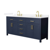 Wyndham Beckett 72 Inch Double Bathroom Vanity in Dark Blue, White Quartz Countertop, Undermount Square Sinks (3-Hole), Brushed Gold Trim - WCG242472DBLWQUS3MXX