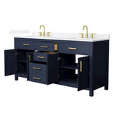 Wyndham Beckett 72 Inch Double Bathroom Vanity in Dark Blue, White Quartz Countertop, Undermount Square Sinks (3-Hole), Brushed Gold Trim - WCG242472DBLWQUS3MXX