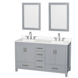 Wyndham Sheffield 60 Inch Double Bathroom Vanity in Gray, White Quartz Countertop, Undermount Square Sinks (3-Hole), Brushed Chrome Trim, 24 Inch Mirrors - WCS141460DGYWQUS3M24