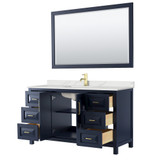 Wyndham Daria 60 Inch Single Bathroom Vanity in Dark Blue, Giotto Quartz Countertop, Undermount Square Sink (1-Hole), Brushed Gold Trim, 58 Inch Mirror - WCV252560SBLGTUNSM58