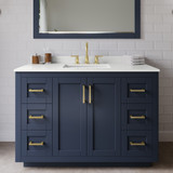 Wyndham Miranda 48 Inch Single Bathroom Vanity in Dark Blue, White Quartz Countertop, Undermount Square Sink (3-Hole), Brushed Gold Trim - WCF292948SBLWQUS3MXX