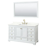 Wyndham Deborah 60 Inch Single Bathroom Vanity in White, Giotto Quartz Countertop, Undermount Square Sink (3-Hole), Brushed Gold Trim, 58 Inch Mirror - WCS202060SWGGTUS3M58
