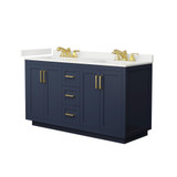 Wyndham Miranda 60 Inch Double Bathroom Vanity in Dark Blue, White Quartz Countertop, Undermount Square Sinks (3-Hole), Brushed Gold Trim - WCF292960DBLWQUS3MXX