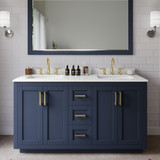 Wyndham Miranda 60 Inch Double Bathroom Vanity in Dark Blue, White Quartz Countertop, Undermount Square Sinks (3-Hole), Brushed Gold Trim - WCF292960DBLWQUS3MXX