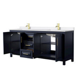Wyndham Daria 80 Inch Double Bathroom Vanity in Dark Blue, White Quartz Countertop, Undermount Square Sinks (1-Hole), Brushed Gold Trim - WCV252580DBLWQUNSMXX
