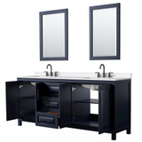 Wyndham Daria 80 Inch Double Bathroom Vanity in Dark Blue, White Quartz Countertop, Undermount Square Sinks (3-Hole), Matte Black Trim, 24 Inch Mirrors - WCV252580DBBWQUS3M24