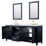 Wyndham Daria 80 Inch Double Bathroom Vanity in Dark Blue, White Quartz Countertop, Undermount Square Sinks (3-Hole), Brushed Gold Trim, 24 Inch Mirrors - WCV252580DBLWQUS3M24