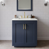 Wyndham Miranda 30 Inch Single Bathroom Vanity in Dark Blue, White Quartz Countertop, Undermount Square Sink (3-Hole), Brushed Gold Trim, 24 Inch Mirror - WCF292930SBLWQUS3M24