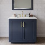 Wyndham Miranda 36 Inch Single Bathroom Vanity in Dark Blue, White Quartz Countertop, Undermount Square Sink (3-Hole), Brushed Gold Trim, 34 Inch Mirror - WCF292936SBLWQUS3M34