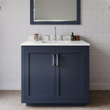 Wyndham Miranda 36 Inch Single Bathroom Vanity in Dark Blue, White Quartz Countertop, Undermount Square Sink (3-Hole), Brushed Nickel Trim, 34 Inch Mirror - WCF292936SBNWQUS3M34