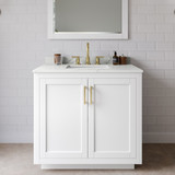Wyndham Miranda 36 Inch Single Bathroom Vanity in White, Giotto Quartz Countertop, Undermount Square Sink (3-Hole), Brushed Gold Trim, 34 Inch Mirror - WCF292936SWGGTUS3M34