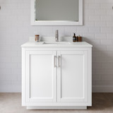 Wyndham Miranda 36 Inch Single Bathroom Vanity in White, White Quartz Countertop, Undermount Square Sink (1-Hole), Brushed Nickel Trim, 34 Inch Mirror - WCF292936SWHWQUNSM34