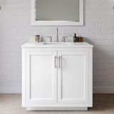 Wyndham Miranda 36 Inch Single Bathroom Vanity in White, White Quartz Countertop, Undermount Square Sink (3-Hole), Brushed Nickel Trim, 34 Inch Mirror - WCF292936SWHWQUS3M34