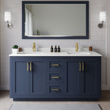 Wyndham Miranda 66 Inch Double Bathroom Vanity in Dark Blue, White Quartz Countertop, Undermount Square Sinks (1-Hole), Brushed Gold Trim, 58 Inch Mirror - WCF292966DBLWQUNSM58