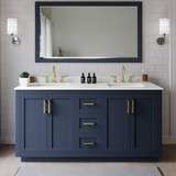 Wyndham Miranda 66 Inch Double Bathroom Vanity in Dark Blue, White Quartz Countertop, Undermount Square Sinks (3-Hole), Brushed Gold Trim, 58 Inch Mirror - WCF292966DBLWQUS3M58