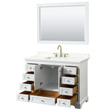 Wyndham Deborah 48 Inch Single Bathroom Vanity in White, Giotto Quartz Countertop, Undermount Square Sink (3-Hole), Brushed Gold Trim, 46 Inch Mirror - WCS202048SWGGTUS3M46