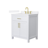 Wyndham Beckett 30 Inch Single Bathroom Vanity in White, White Quartz Countertop, Undermount Square Sink (3-Hole), Brushed Gold Trim - WCG242430SWGWQUS3MXX