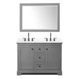 Wyndham Avery 48 Inch Double Bathroom Vanity in Dark Gray, Giotto Quartz Countertop, Undermount Square Sinks (3-Hole), Matte Black Trim, 46 Inch Mirror - WCV232348DGBGTUS3M46