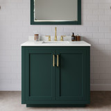 Wyndham Miranda 36 Inch Single Bathroom Vanity in Green, White Quartz Countertop, Undermount Square Sink (3-Hole), Brushed Gold Trim - WCF292936SGDWQUS3MXX