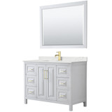 Wyndham Daria 48 Inch Single Bathroom Vanity in White, Giotto Quartz Countertop, Undermount Square Sink (1-Hole), Brushed Gold Trim, 46 Inch Mirror - WCV252548SWGGTUNSM46
