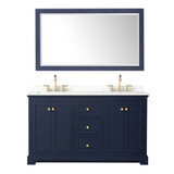 Wyndham Avery 60 Inch Double Bathroom Vanity in Dark Blue, Giotto Quartz Countertop, Undermount Square Sinks (3-Hole), Brushed Gold Trim, 58 Inch Mirror - WCV232360DBLGTUS3M58