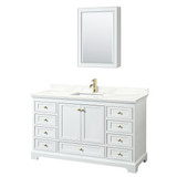 Wyndham Deborah 60 Inch Single Bathroom Vanity in White, Giotto Quartz Countertop, Undermount Square Sink (1-Hole), Brushed Gold Trim, Medicine Cabinet - WCS202060SWGGTUNSMED