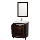 Wyndham Sheffield 30 Inch Single Bathroom Vanity in Espresso, White Quartz Countertop, Undermount Square Sink (1-Hole), Brushed Chrome Trim, 24 Inch Mirror - WCS141430SESWQUNSM24