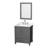 Wyndham Sheffield 30 Inch Single Bathroom Vanity in Dark Gray, Giotto Quartz Countertop, Undermount Square Sink (3-Hole), Brushed Chrome Trim, 24 Inch Mirror - WCS141430SKGGTUS3M24